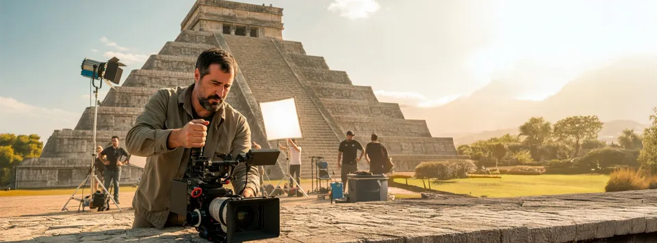 Film crew shooting at the Chichen Itza pyramid in Mexico