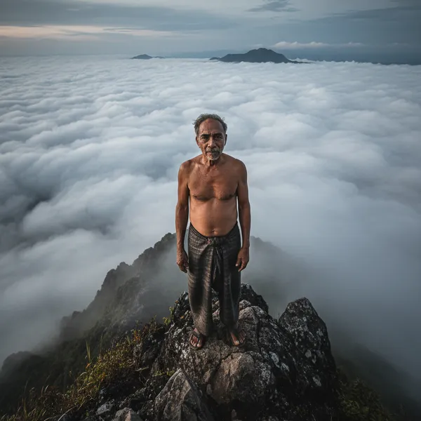 Man standing on a mountain peak above a sea of clouds